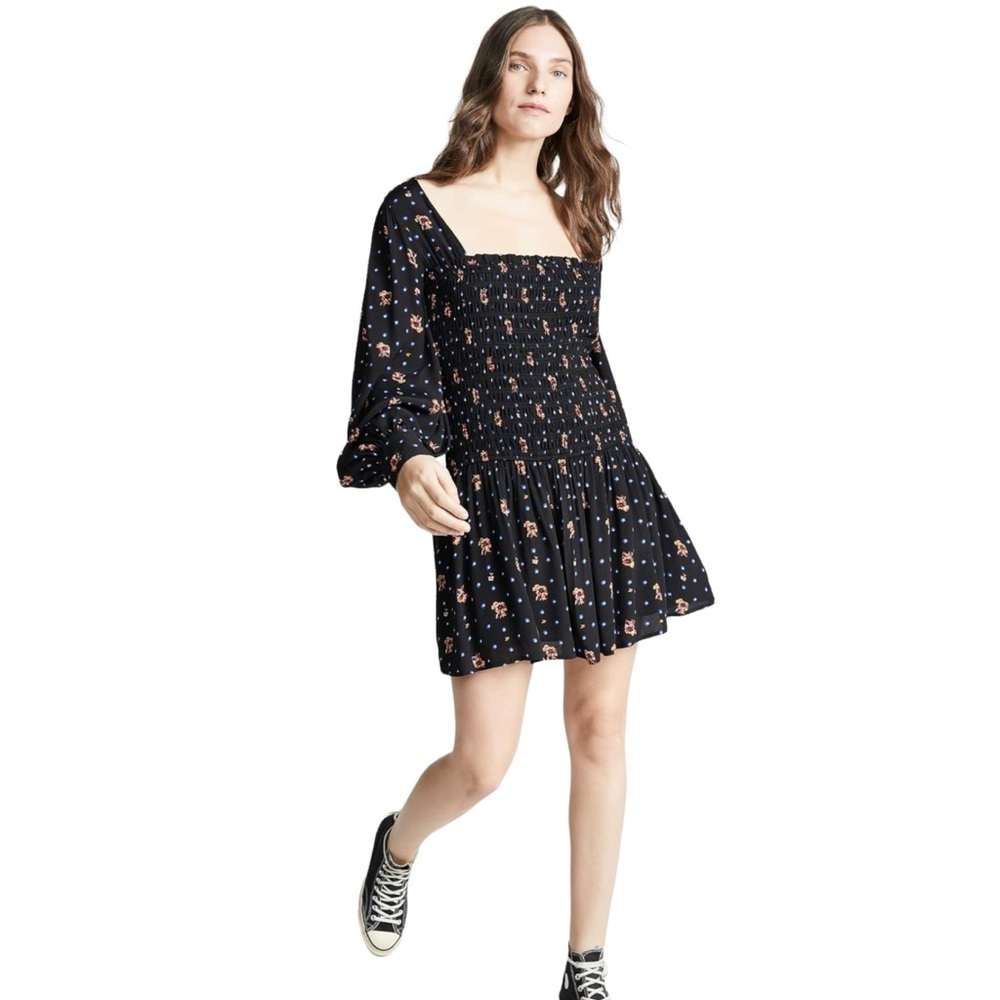 Free People Mini Dress Womens M Floral Puff Sleeves Fairy Whimsigoth